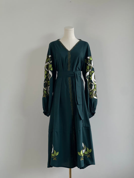 The Dark Green Vyshyvanka Dress with Green Embroidery