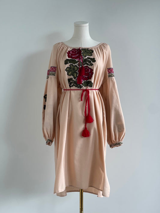 The Embroidered Light Peach Dress with Flowers