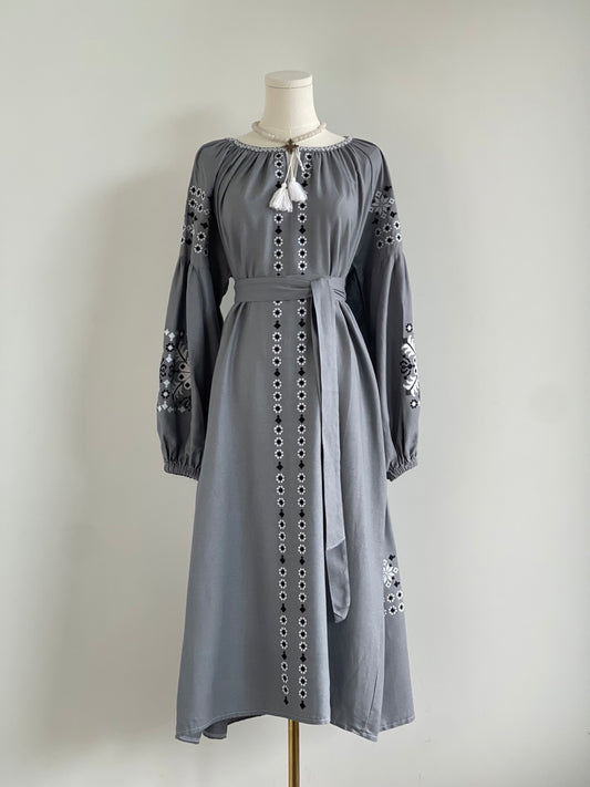 The Grey Dress with Black&White Embroidery