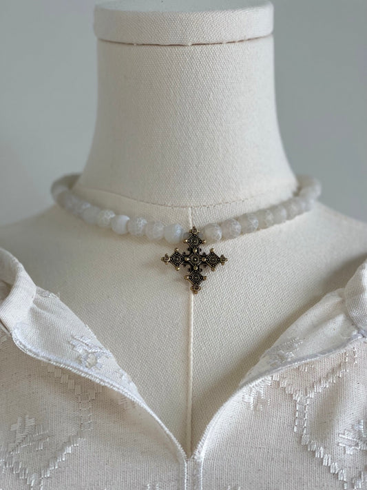 Handmade Necklace with White Agate Beads & Brass Cross