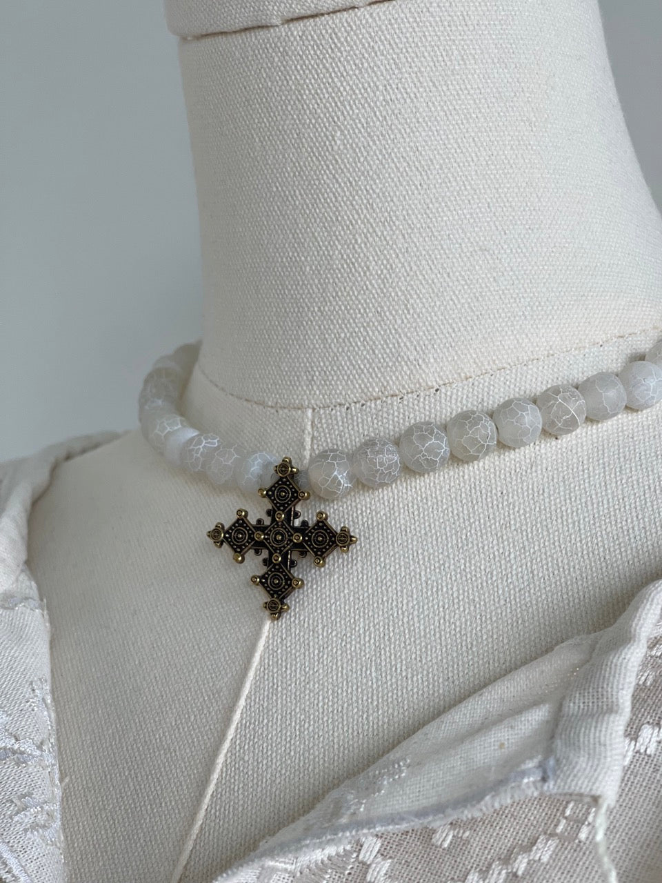 Handmade Necklace with White Agate Beads & Brass Cross