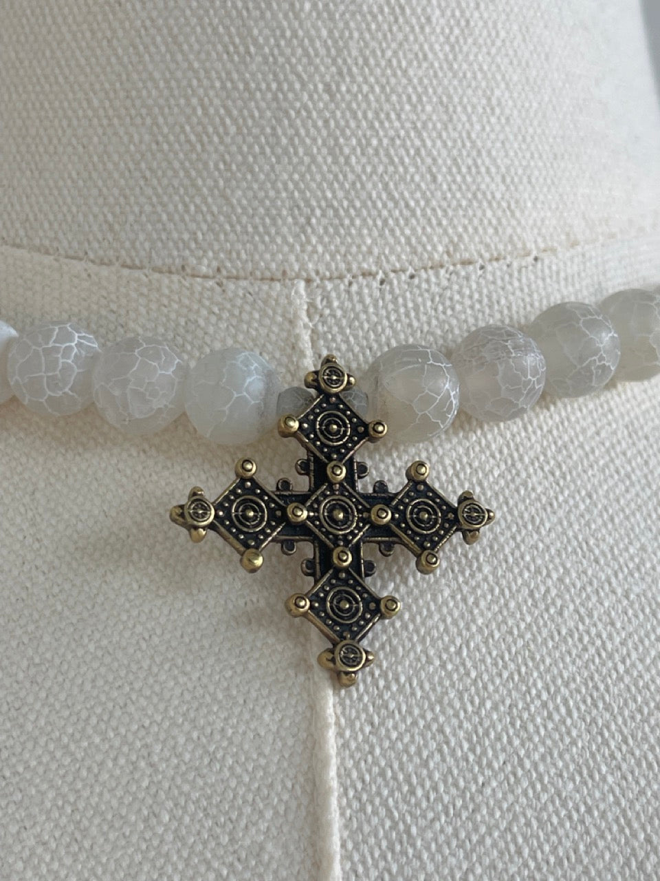 Handmade Necklace with White Agate Beads & Brass Cross