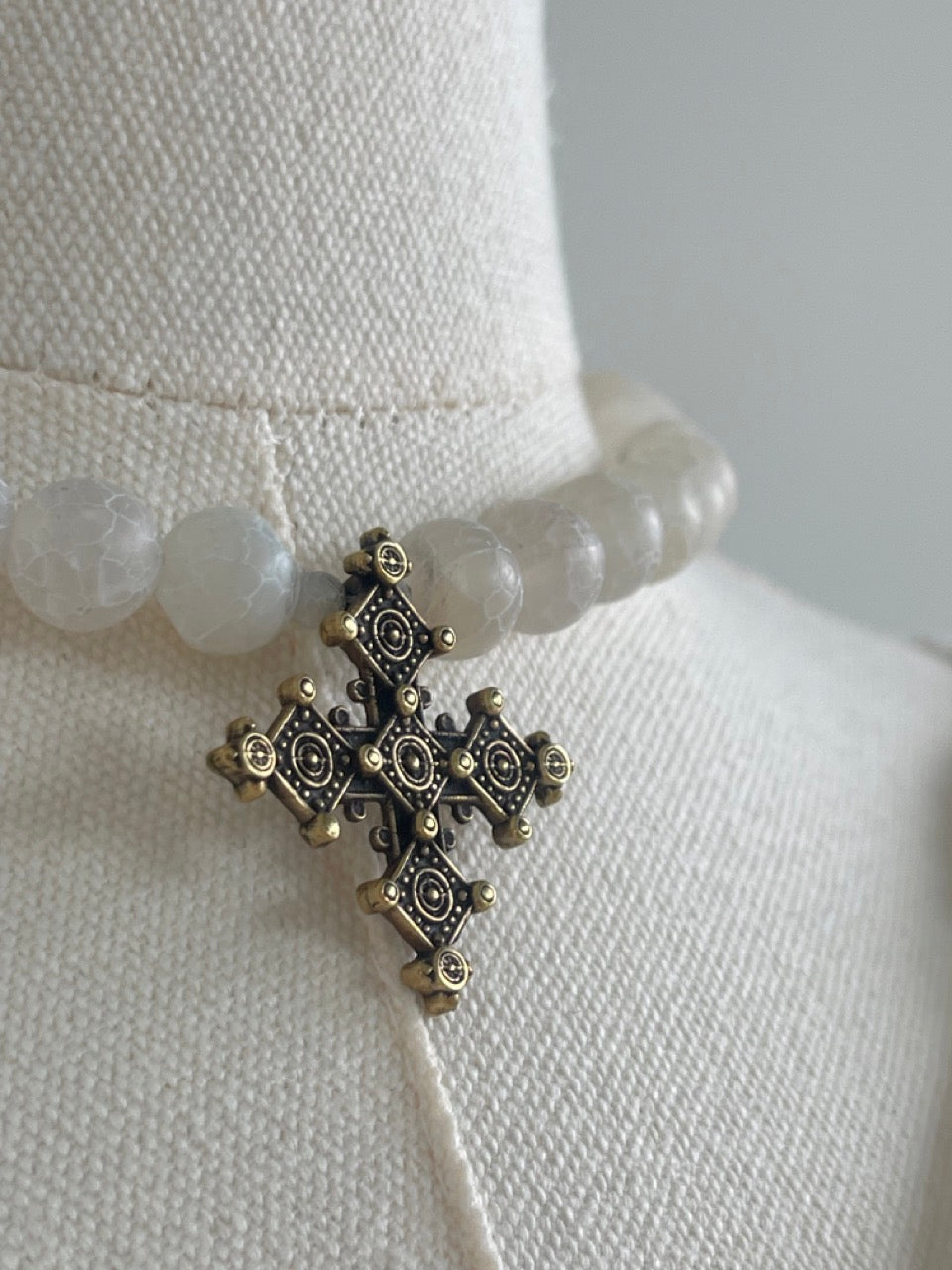 Handmade Necklace with White Agate Beads & Brass Cross