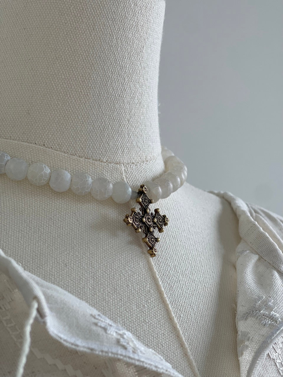 Handmade Necklace with White Agate Beads & Brass Cross