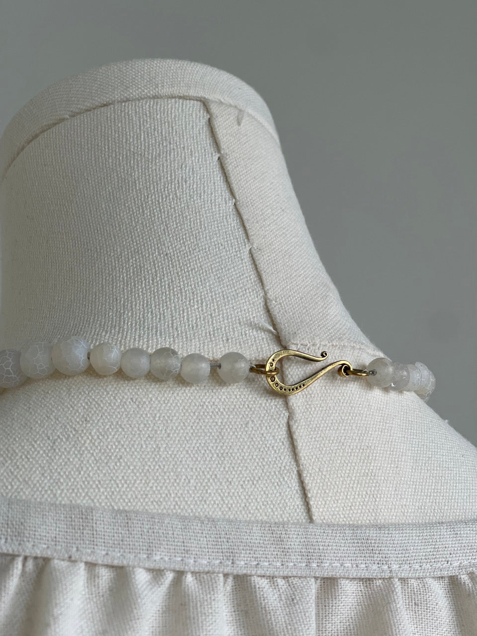 Handmade Necklace with White Agate Beads & Brass Cross