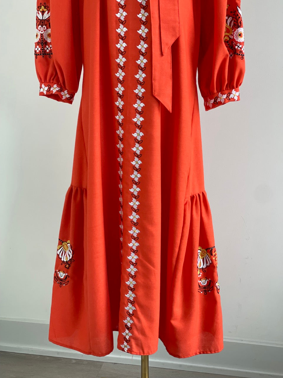 The Long Orange Dress with Flowery Embroidery