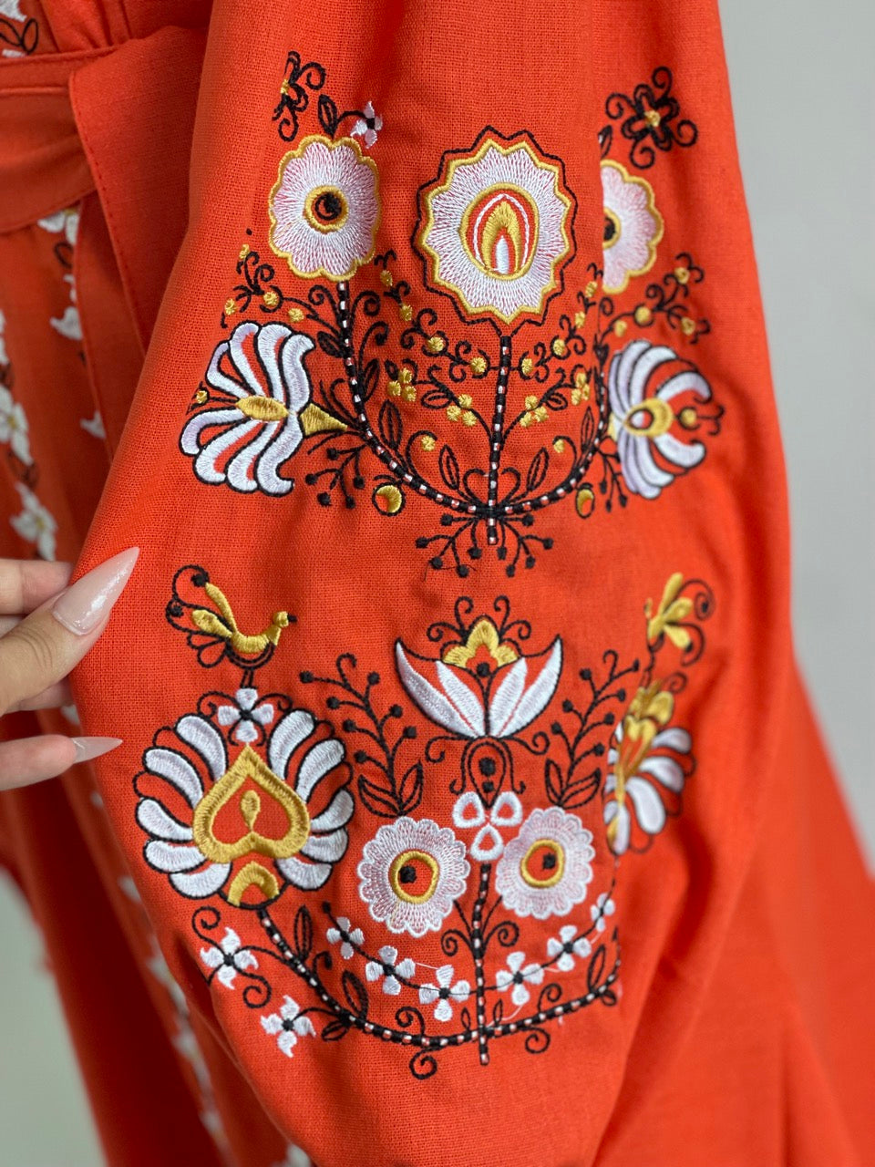 The Long Orange Dress with Flowery Embroidery