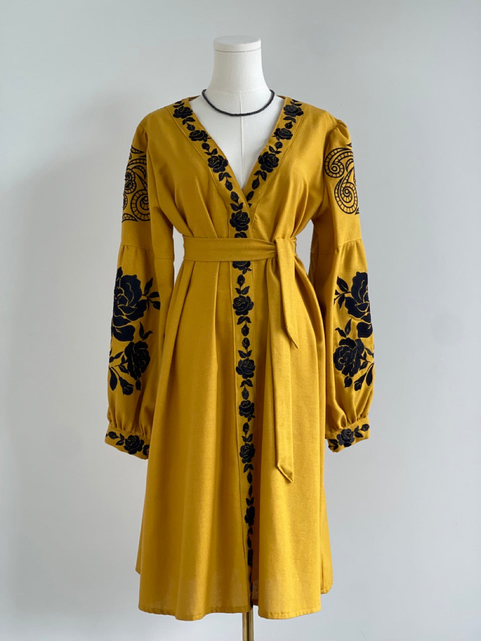 The Embroidered Ochre Dress with Black Flowers