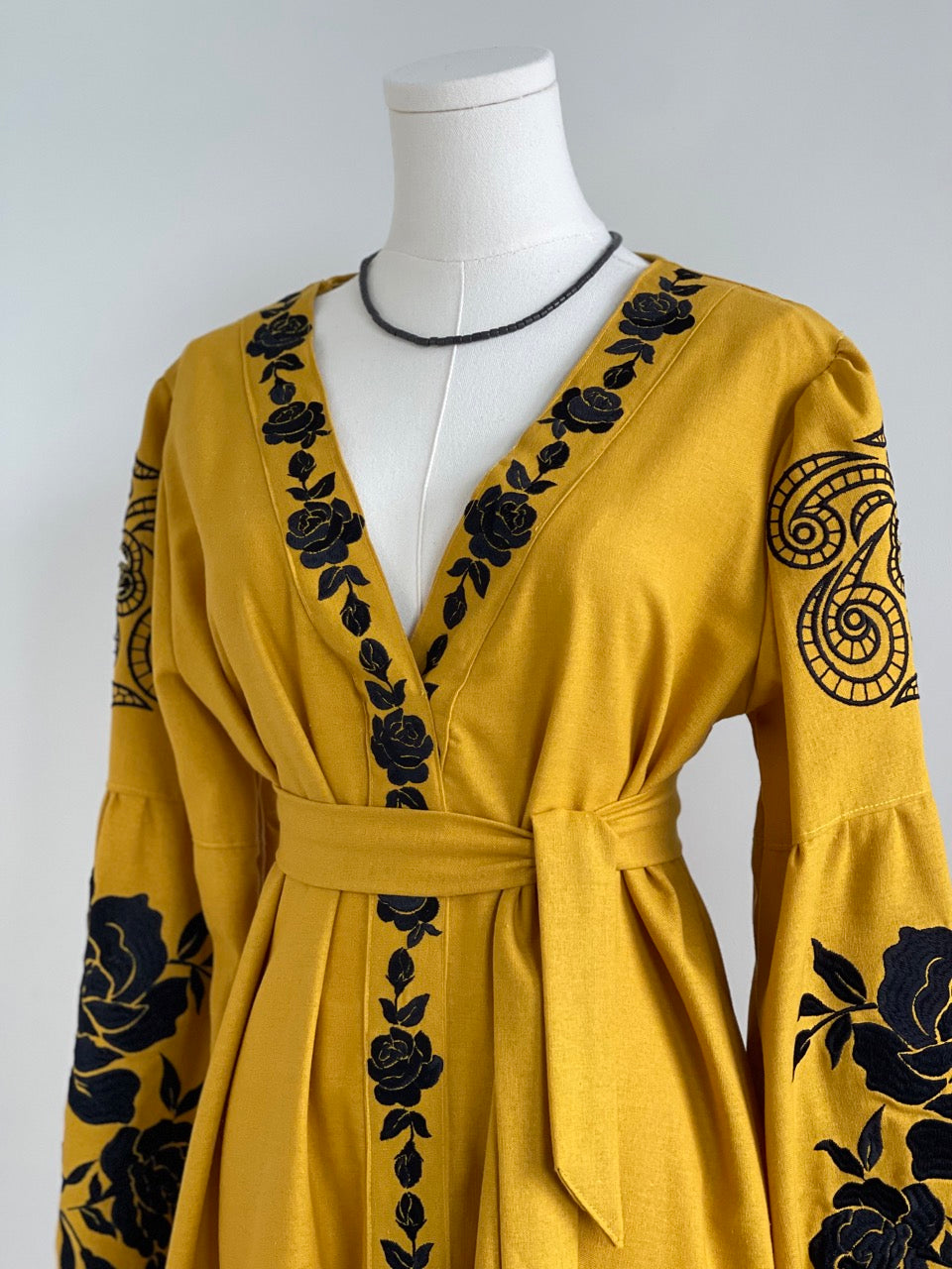 The Embroidered Ochre Dress with Black Flowers