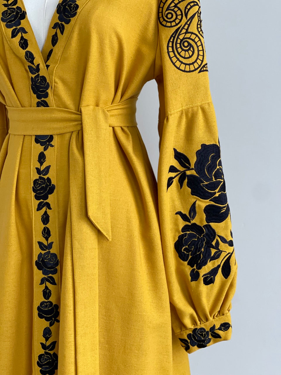 The Embroidered Ochre Dress with Black Flowers