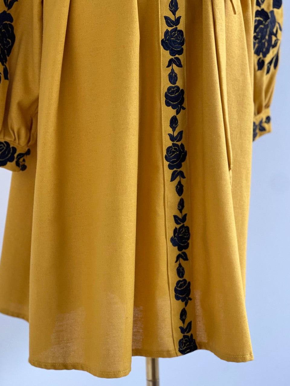 The Embroidered Ochre Dress with Black Flowers