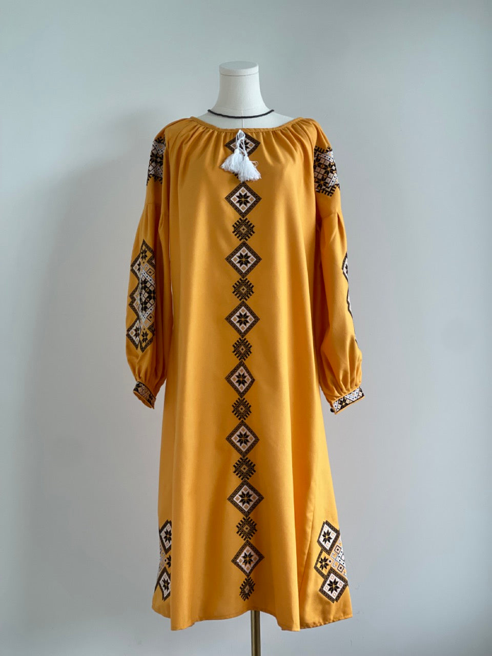 The Ochre Dress with Black&White Embroidery