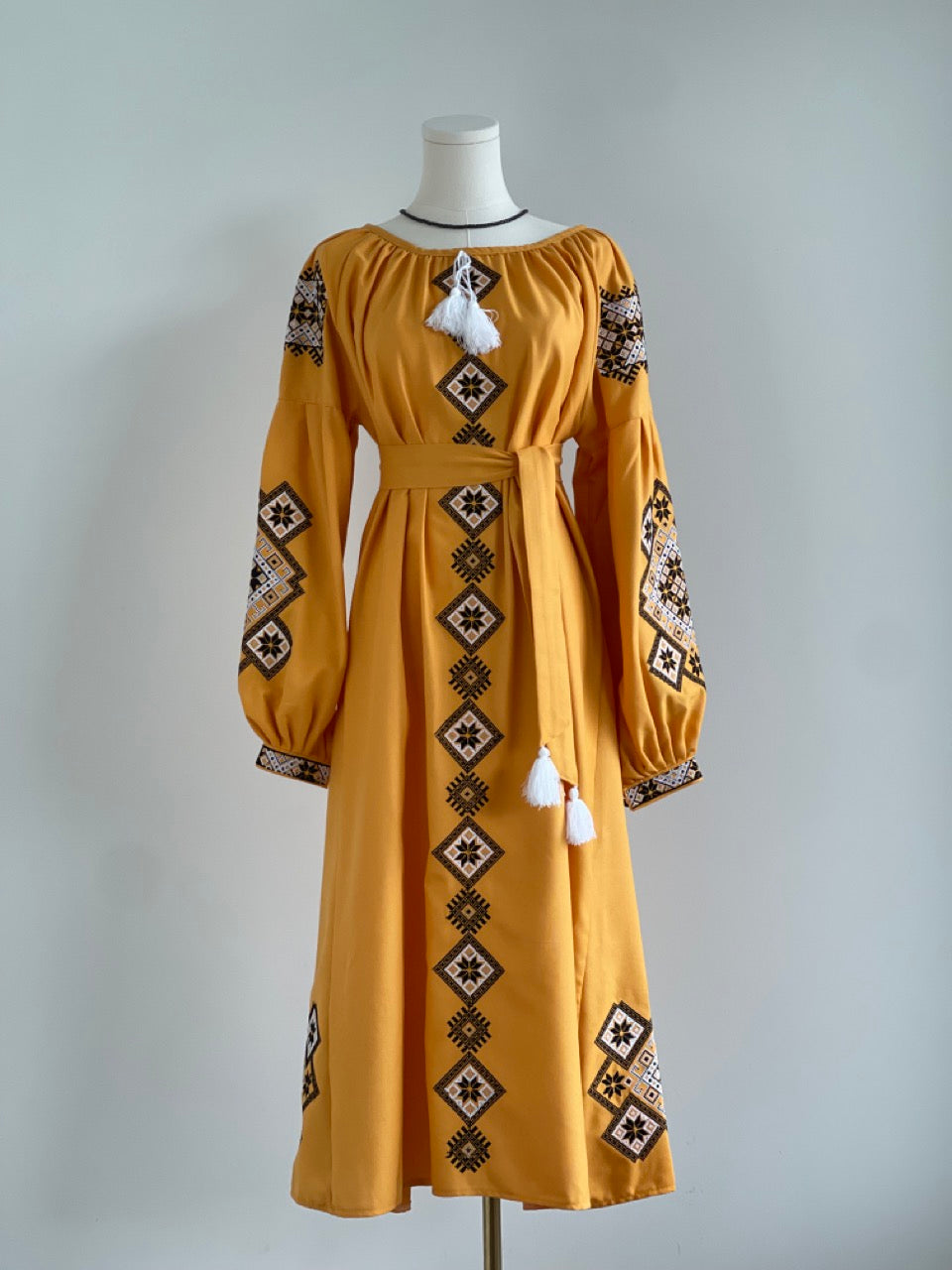 The Ochre Dress with Black&White Embroidery