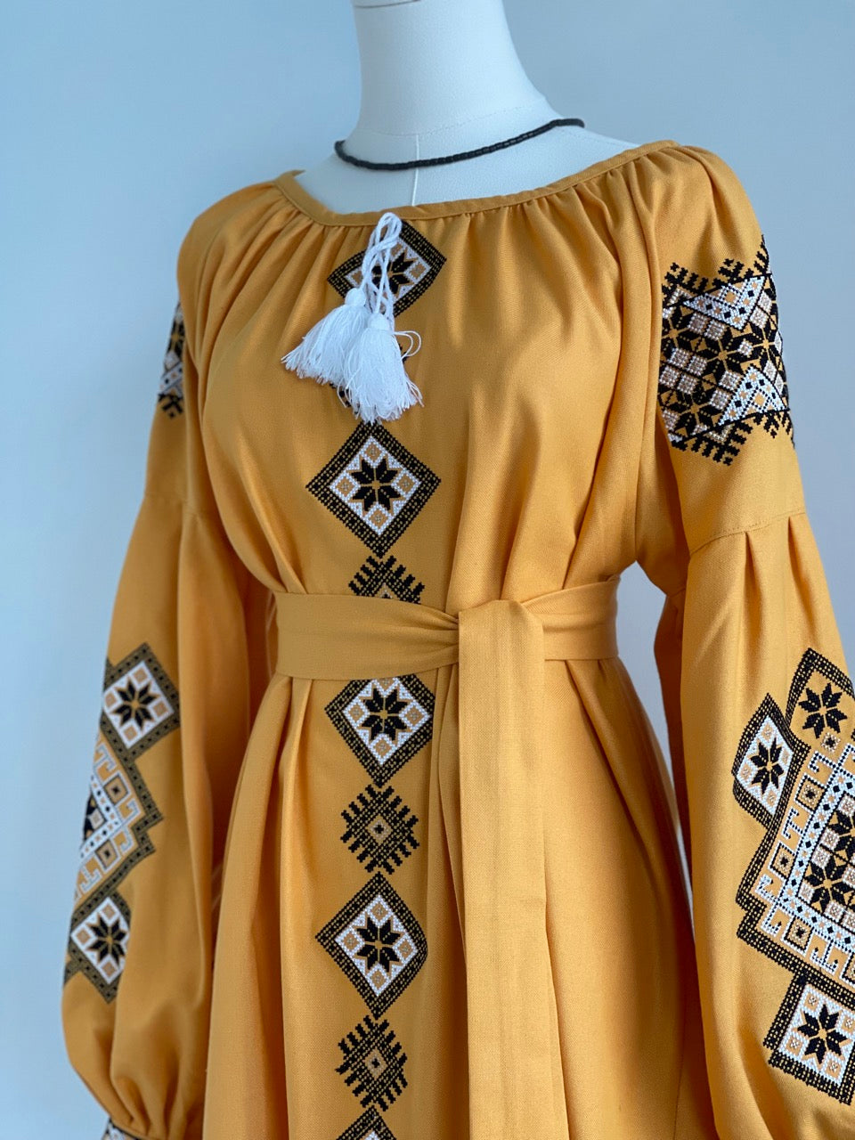 The Ochre Dress with Black&White Embroidery