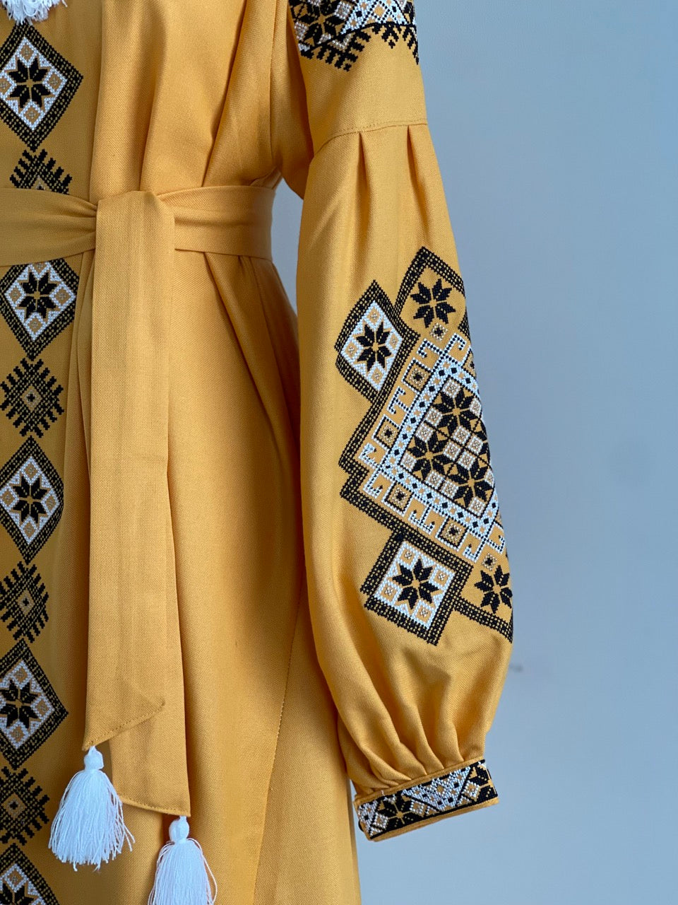 The Ochre Dress with Black&White Embroidery