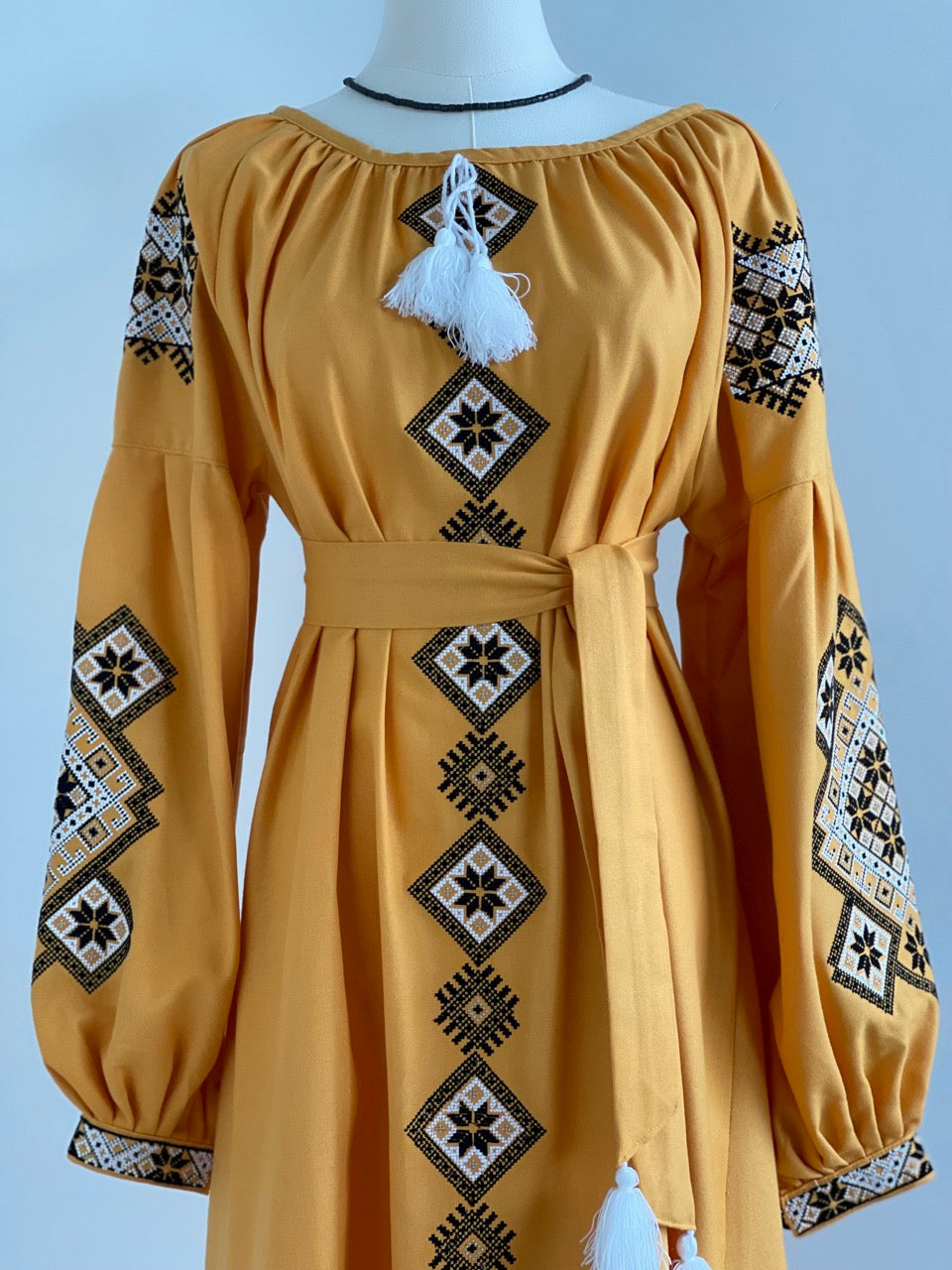 The Ochre Dress with Black&White Embroidery