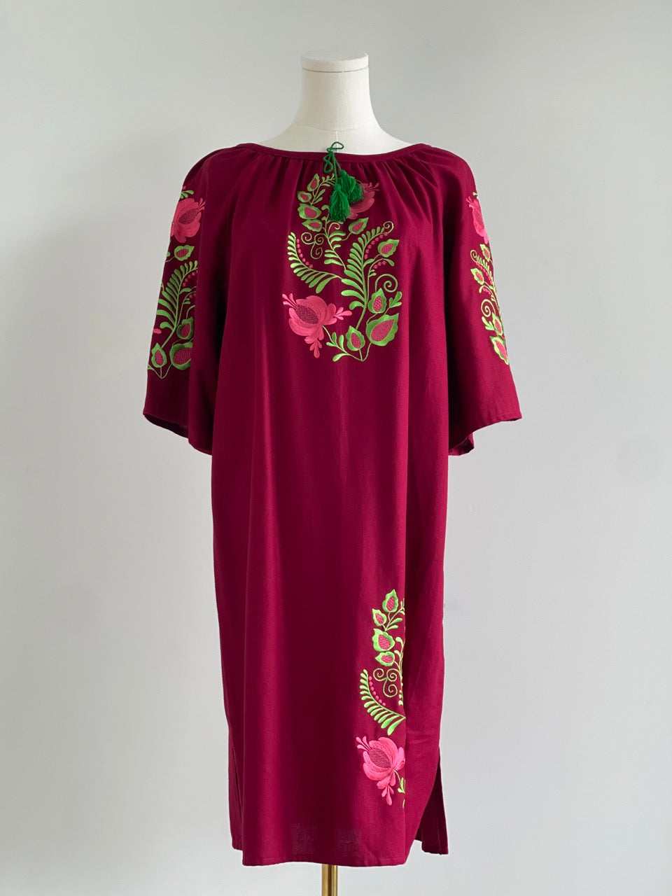 The Short Bordo Dress with Green&Pink Embroidery