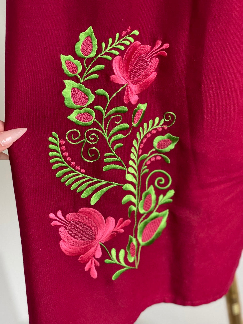 The Short Bordo Dress with Green&Pink Embroidery