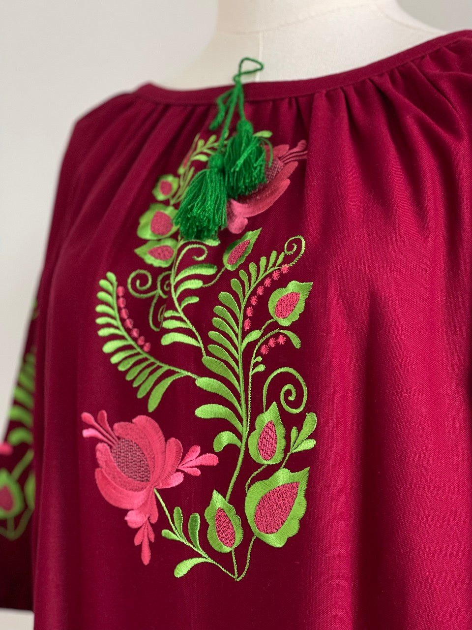 The Short Bordo Dress with Green&Pink Embroidery