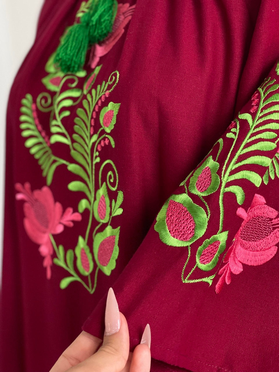 The Short Bordo Dress with Green&Pink Embroidery