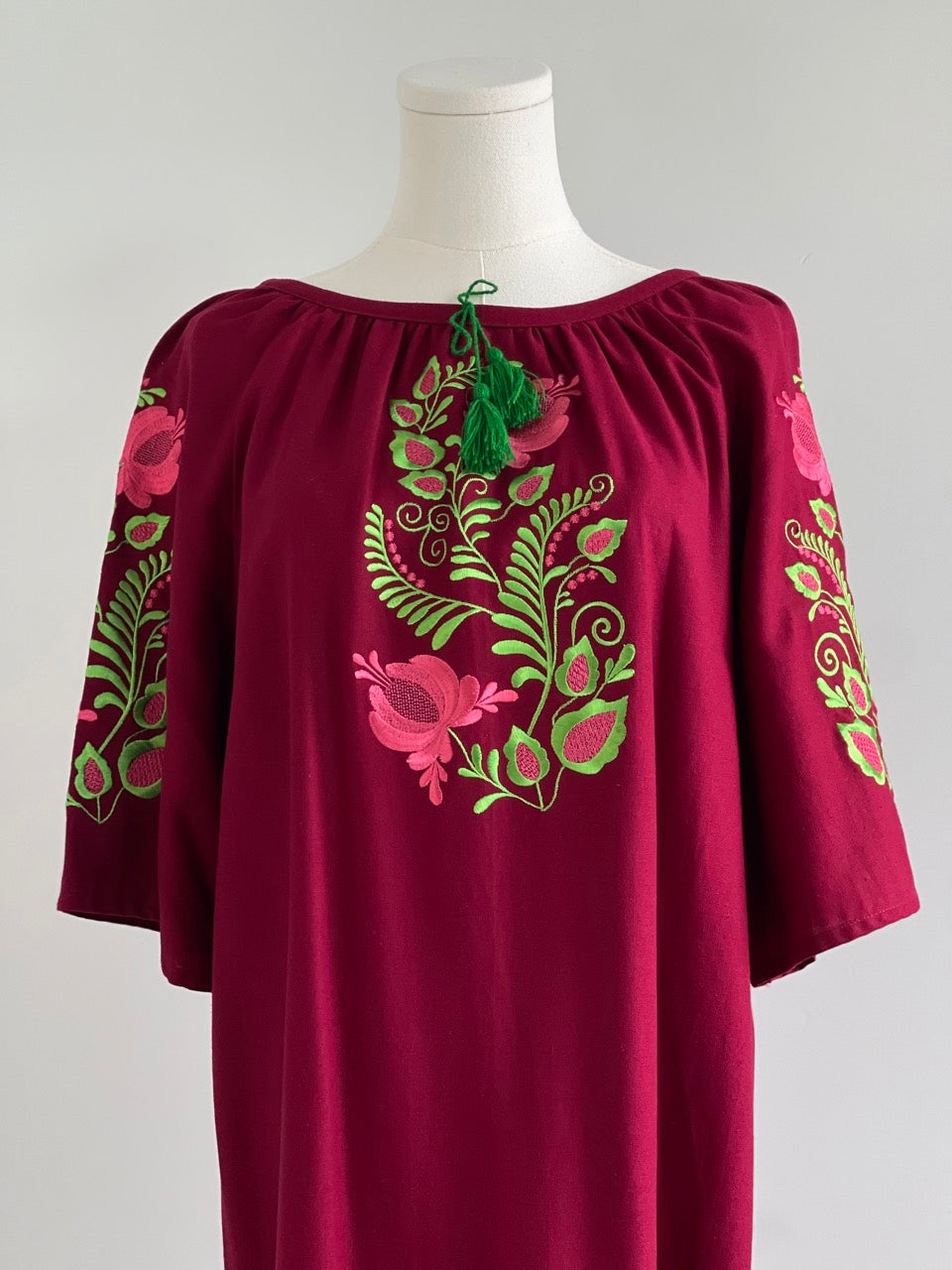 The Short Bordo Dress with Green&Pink Embroidery