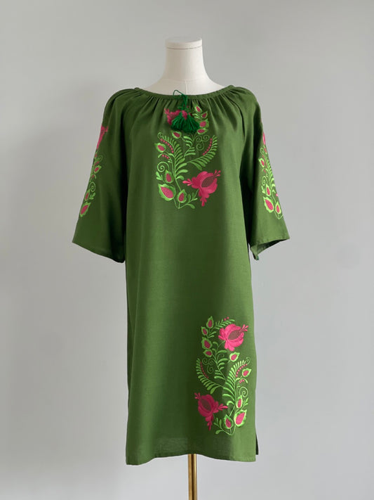 The Short Green Dress with Green&Pink Embroidery