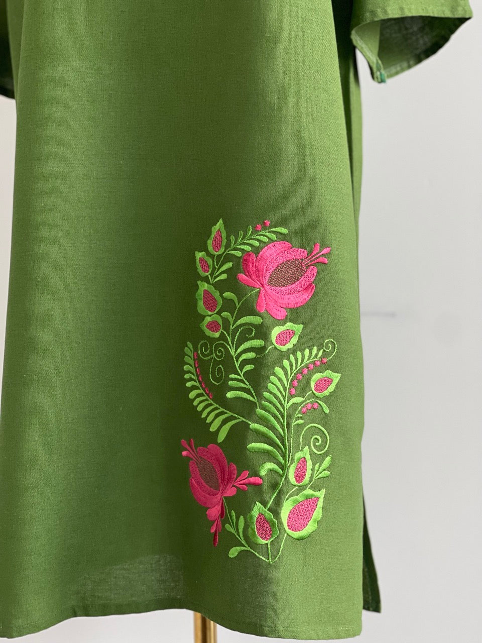 The Short Green Dress with Green&Pink Embroidery