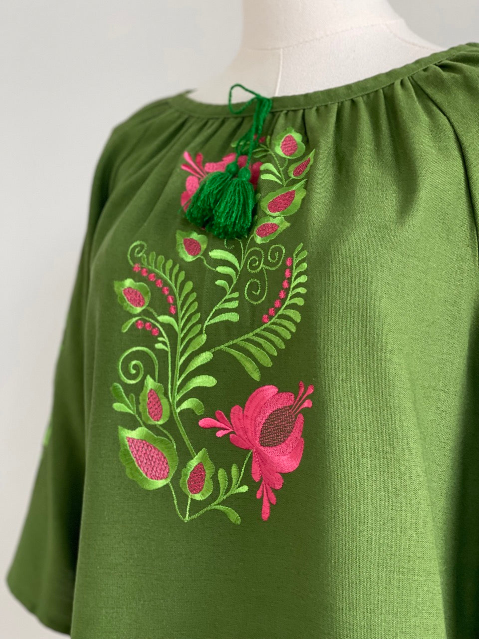 The Short Green Dress with Green&Pink Embroidery