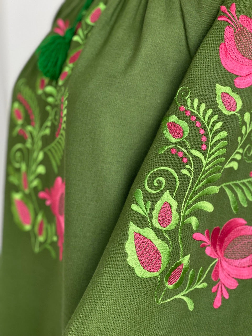 The Short Green Dress with Green&Pink Embroidery