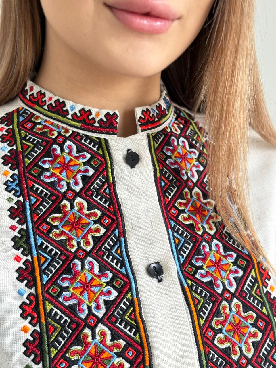 Beige Linen Women's Shirt with Colorful Embroidery