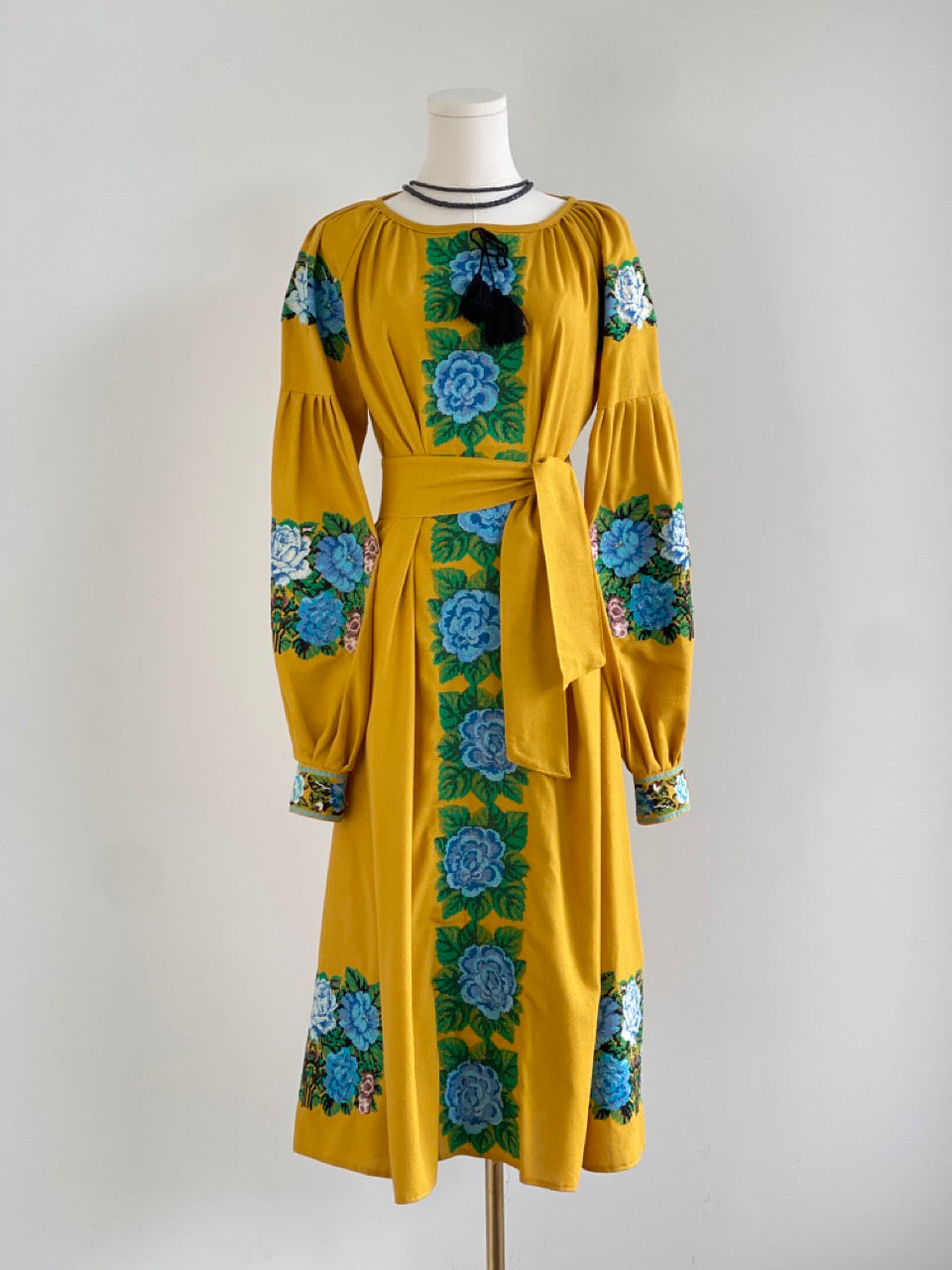 The Embroidered Ochre Dress with Blue Flowers