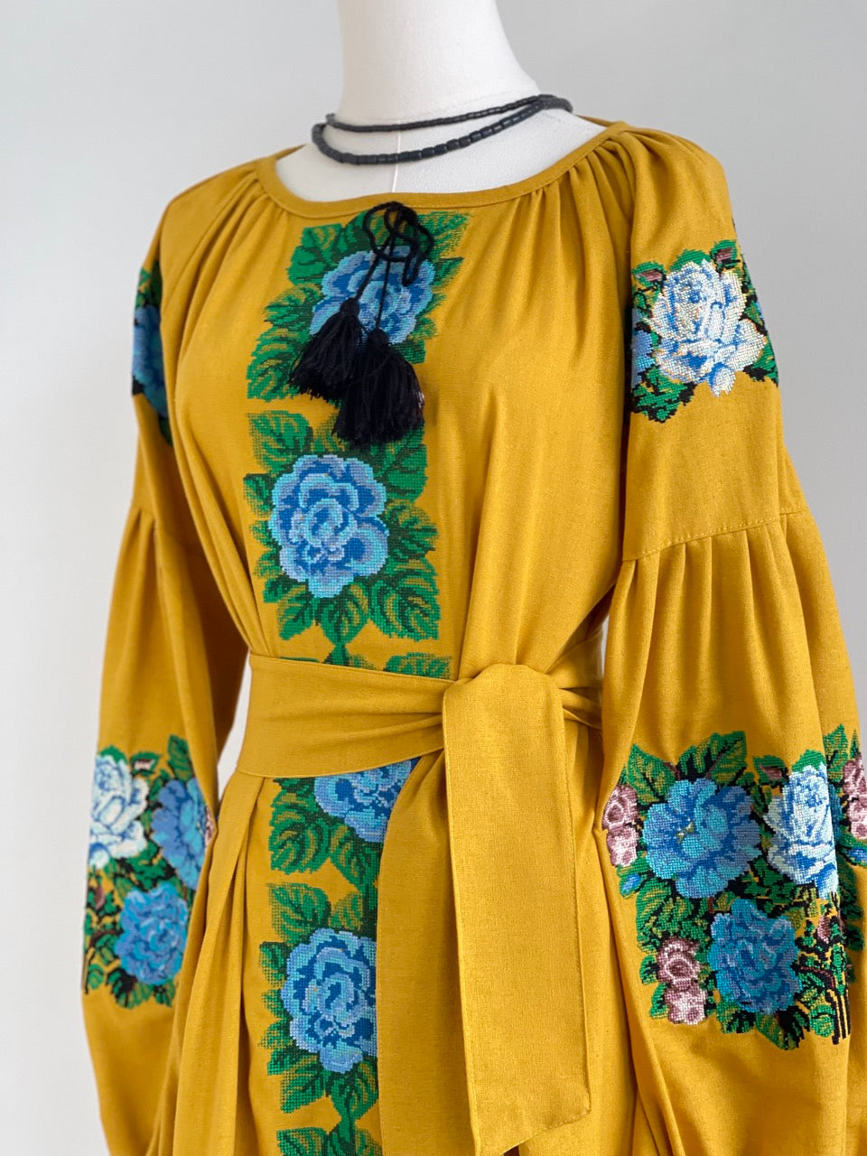 The Embroidered Ochre Dress with Blue Flowers