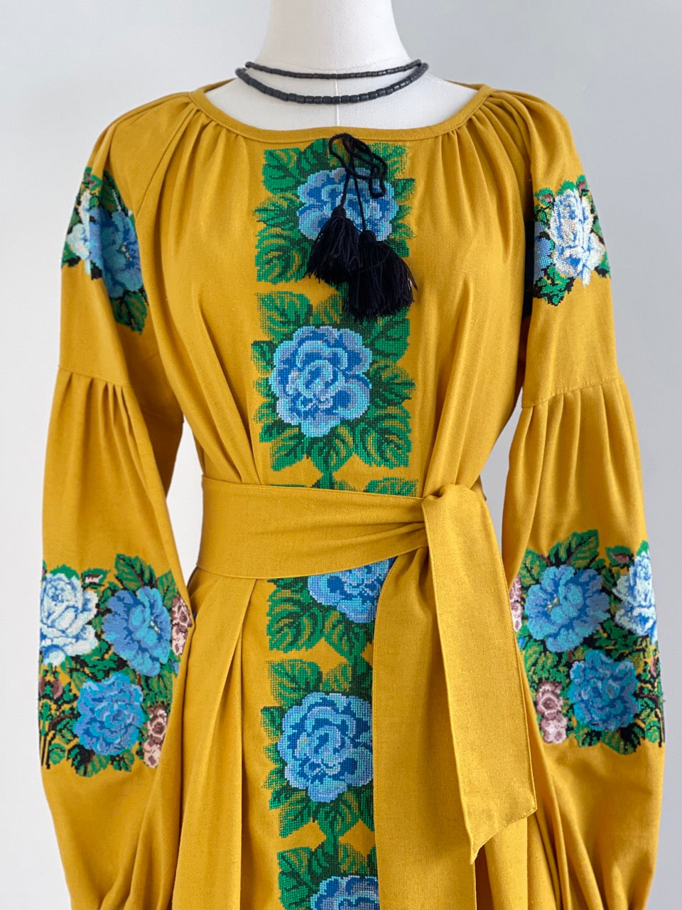 The Embroidered Ochre Dress with Blue Flowers