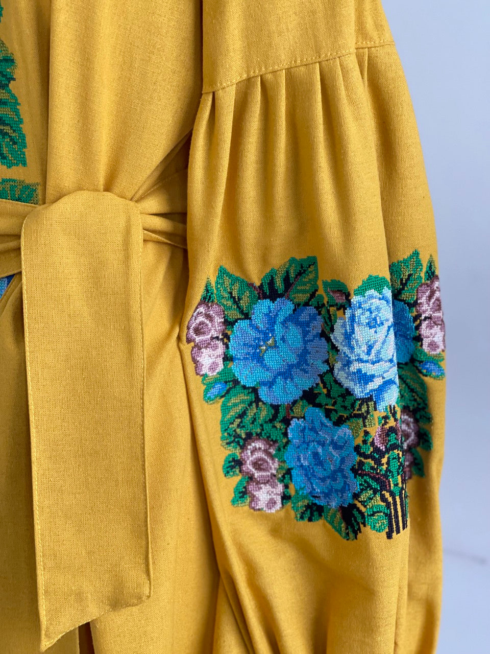 The Embroidered Ochre Dress with Blue Flowers