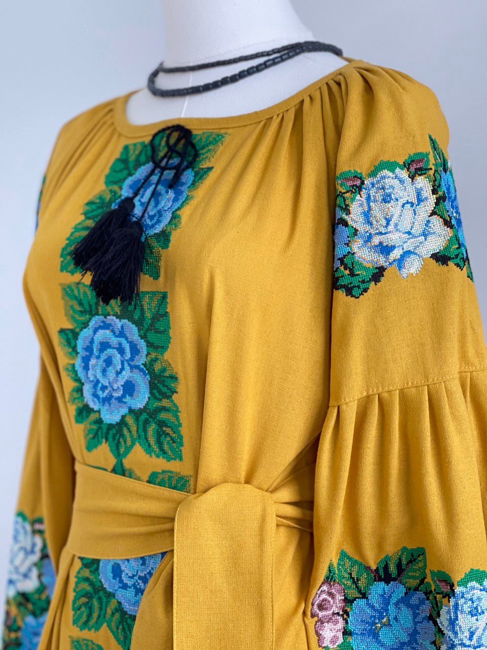 The Embroidered Ochre Dress with Blue Flowers