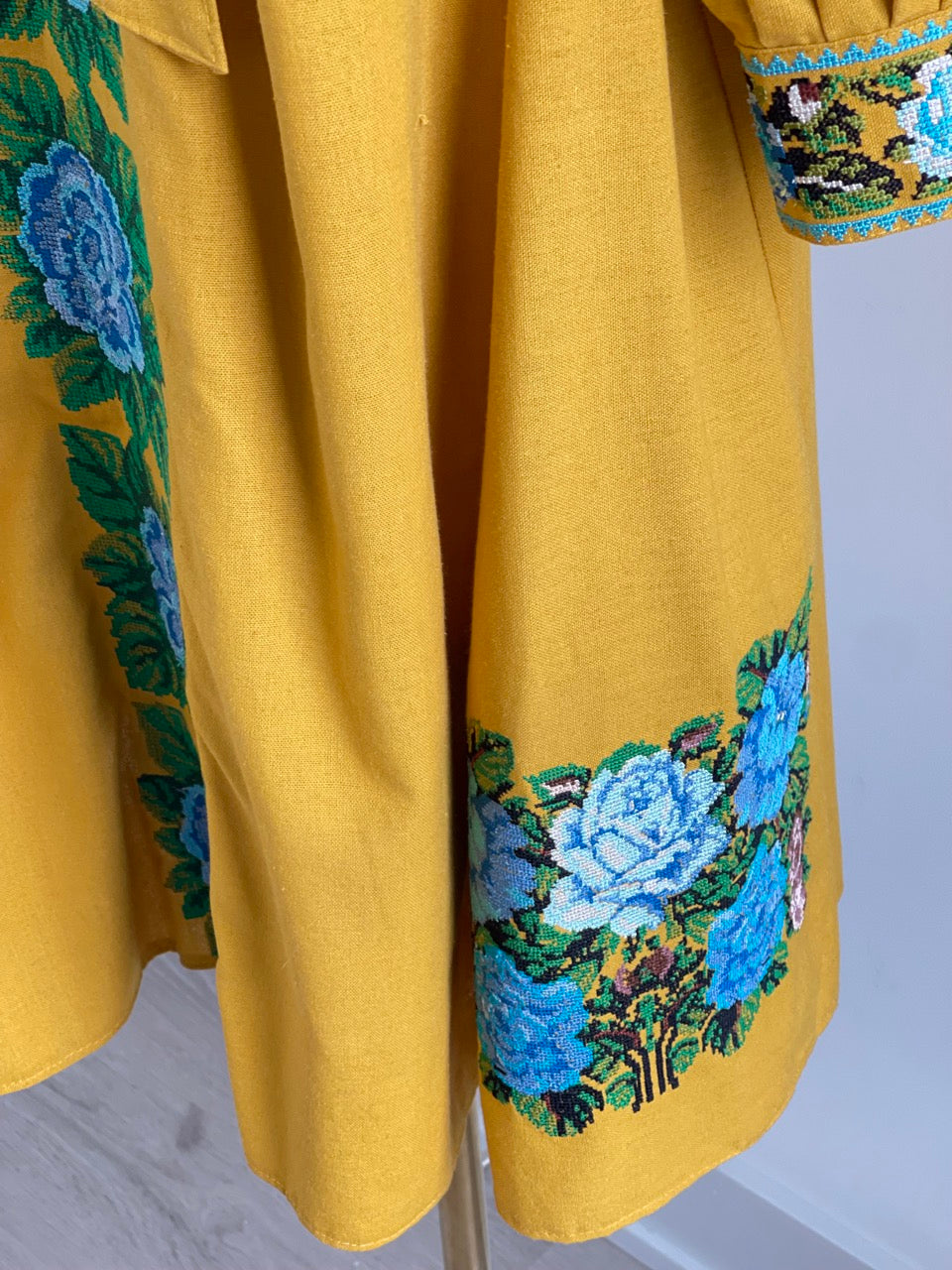 The Embroidered Ochre Dress with Blue Flowers