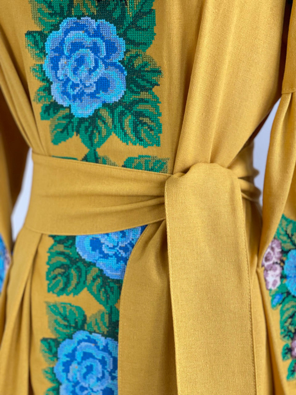 The Embroidered Ochre Dress with Blue Flowers