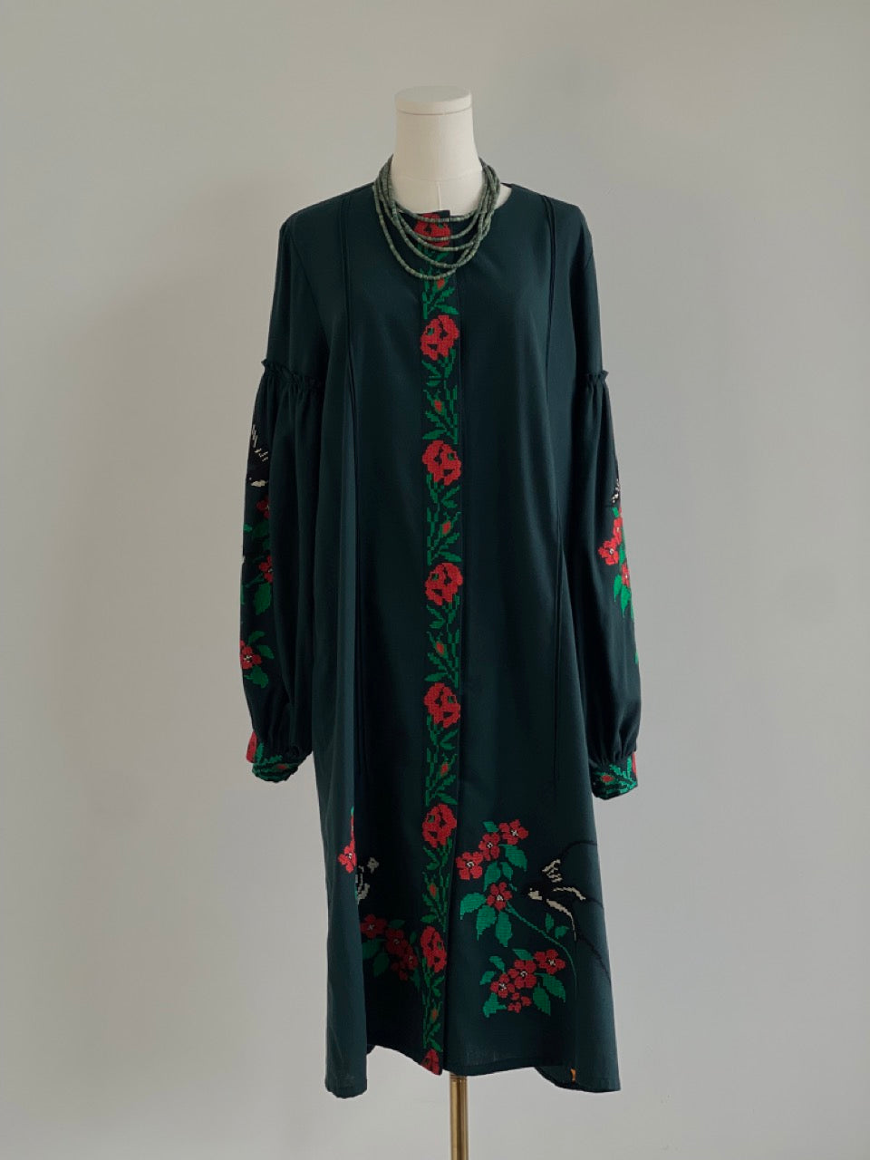 The Dark Green Embroidered Dress with Flowers and Swallows