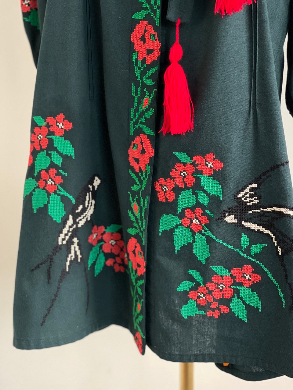 The Dark Green Embroidered Dress with Flowers and Swallows