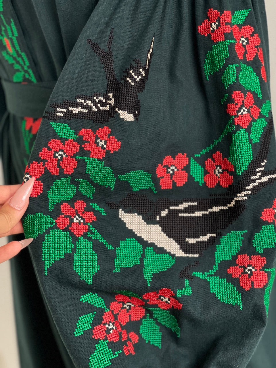 The Dark Green Embroidered Dress with Flowers and Swallows