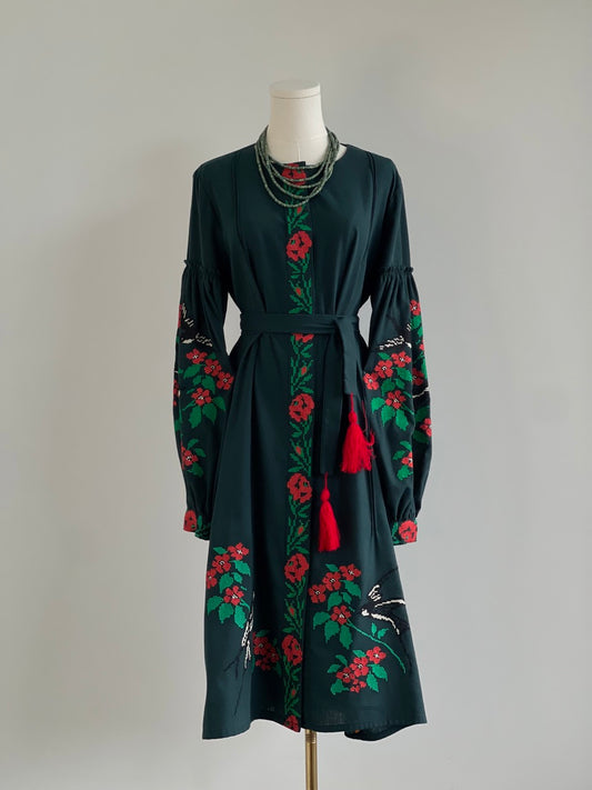 The Dark Green Embroidered Dress with Flowers and Swallows