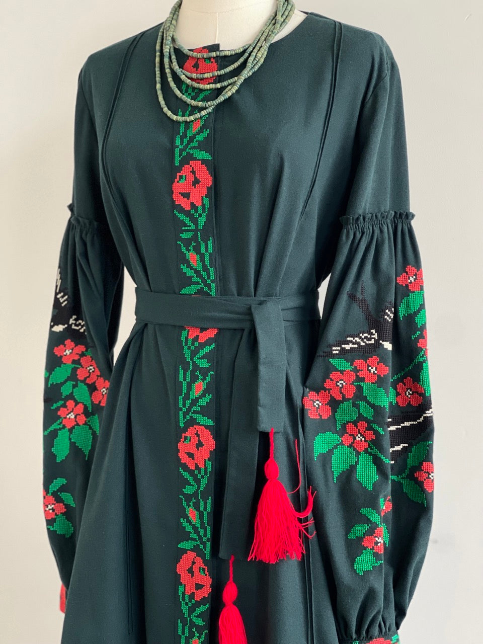 The Dark Green Embroidered Dress with Flowers and Swallows