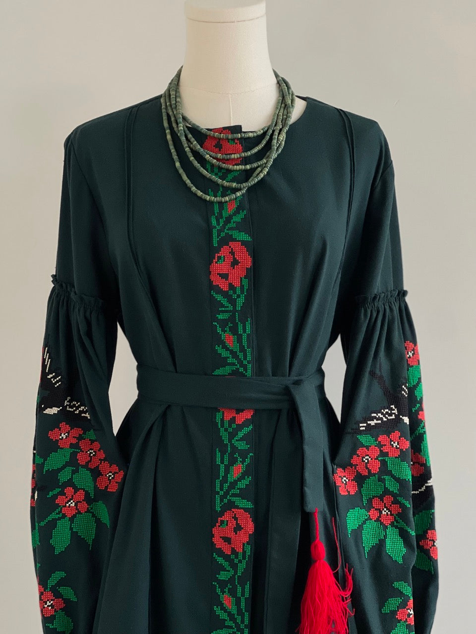 The Dark Green Embroidered Dress with Flowers and Swallows