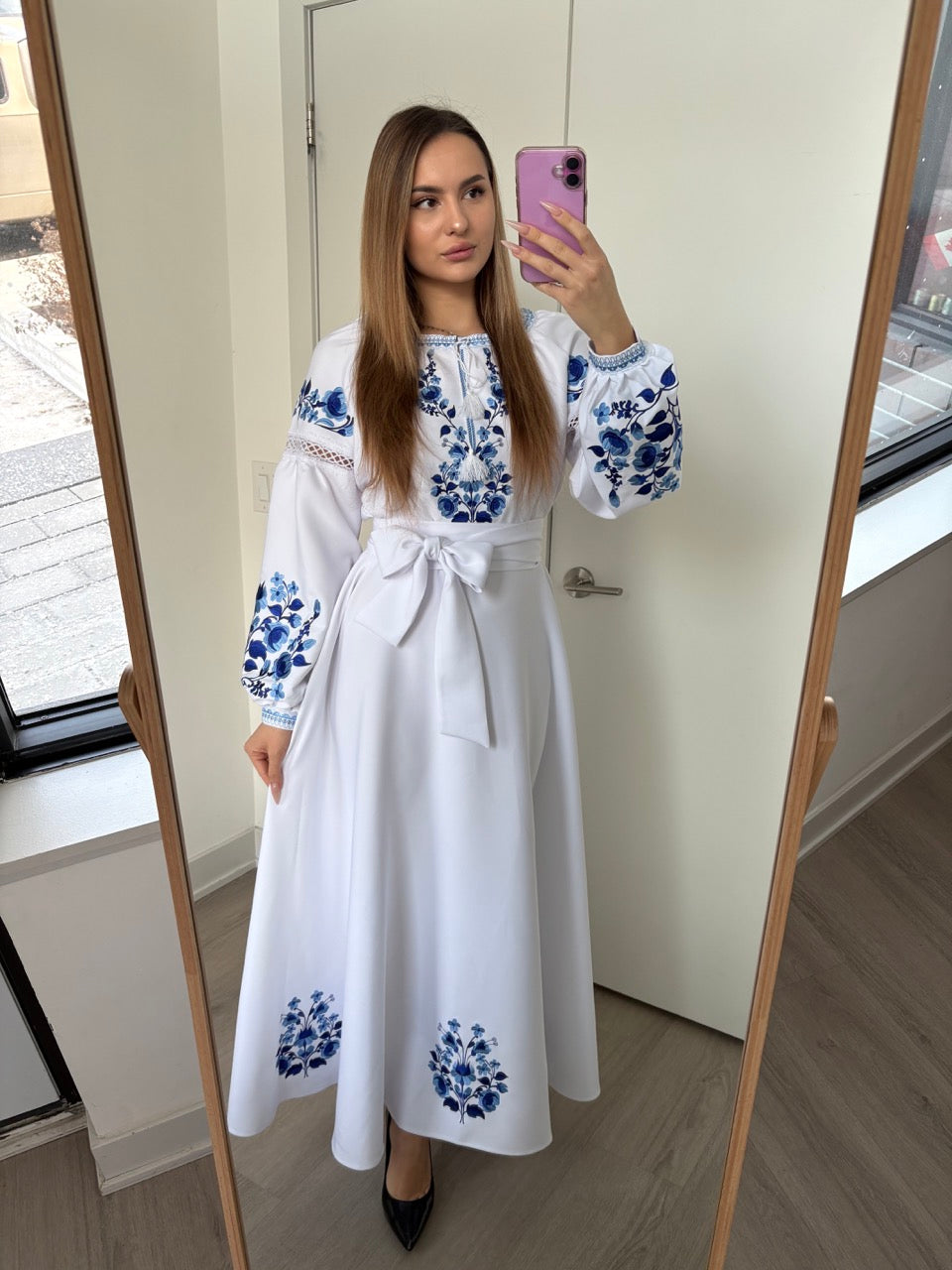 Long White Dress with Blue Flowers