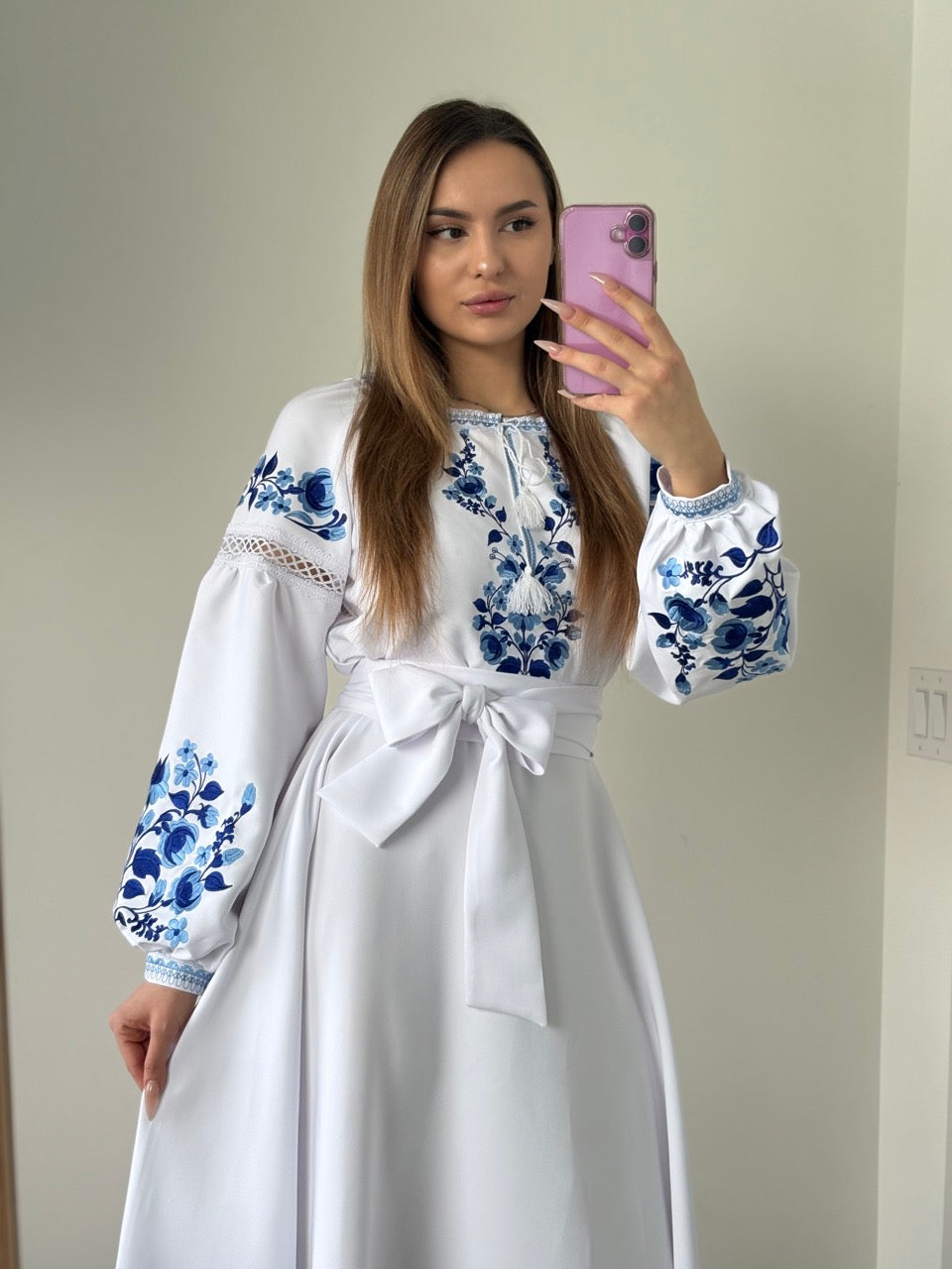 Long White Dress with Blue Flowers