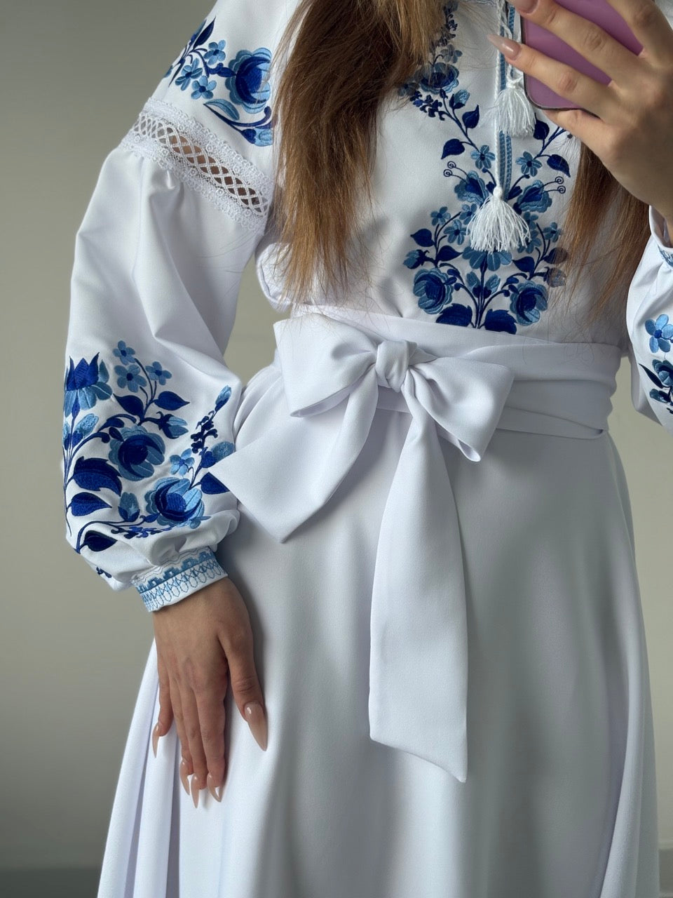 Long White Dress with Blue Flowers