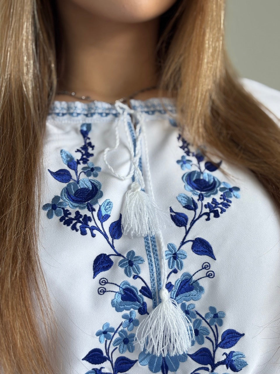 Long White Dress with Blue Flowers