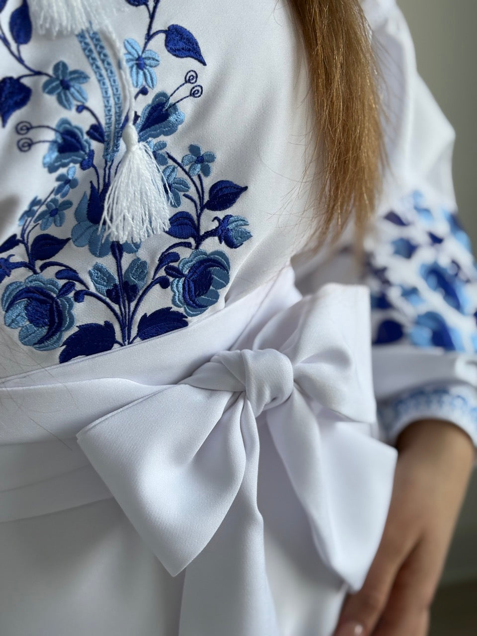 Long White Dress with Blue Flowers