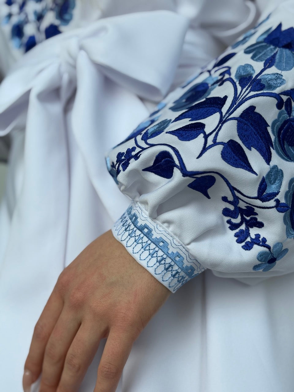 Long White Dress with Blue Flowers