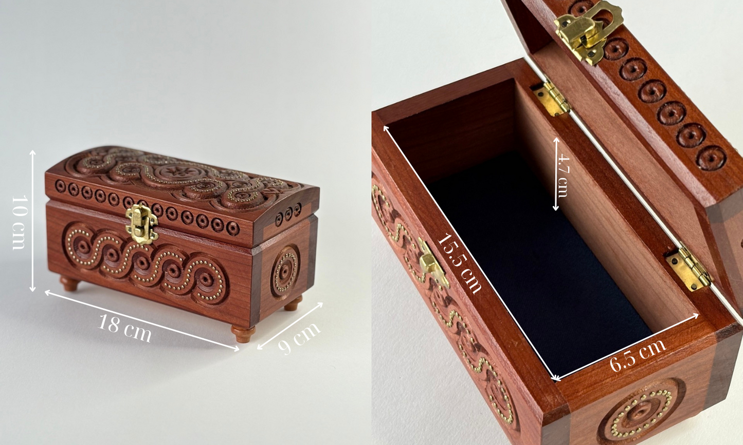 Handmade Dark Rectangular Wooden Box with Carving & Gold Inlay